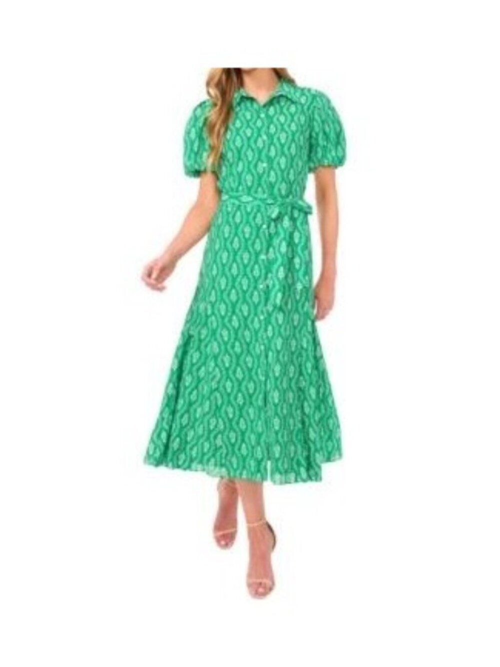 NWT Cece Puff Sleeve Tie Waist Shirtdress Flowy Midi Size M Kelly MSRP $129